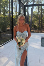 Strapless Light Blue Bead Long Dress with Slit