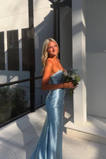 Strapless Light Blue Bead Long Dress with Slit