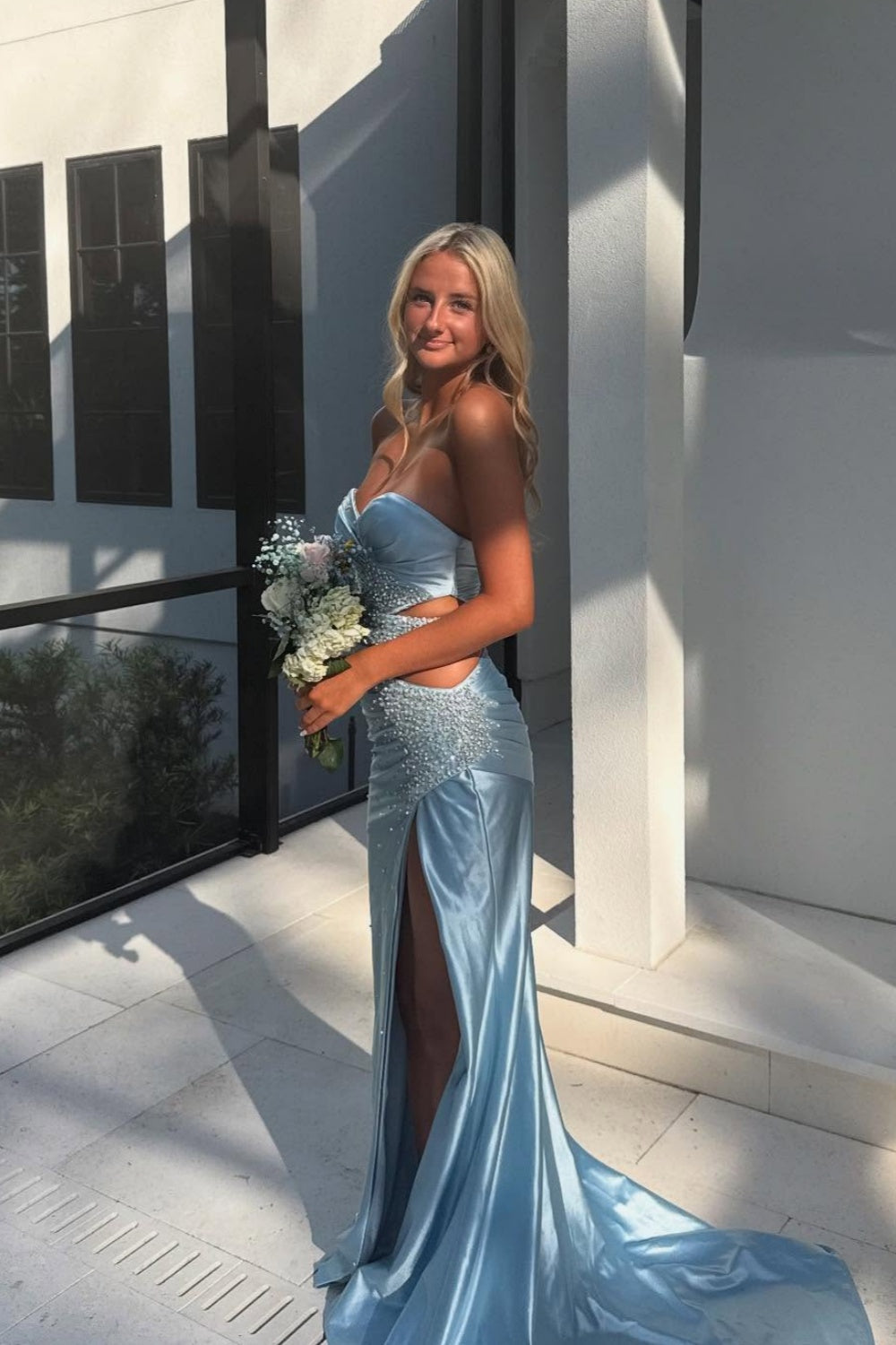 Strapless Light Blue Bead Long Dress with Slit