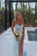 Strapless Light Blue Bead Long Dress with Slit