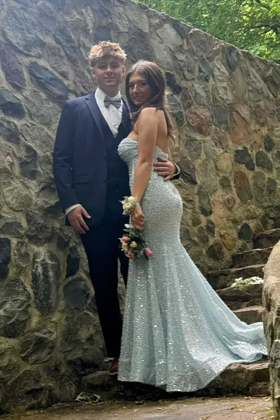 Strapless Light Blue Gathered Long Dress with Beaded