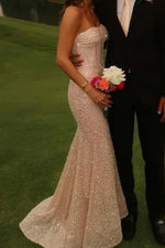 Strapless Light Blue Gathered Long Dress with Beaded