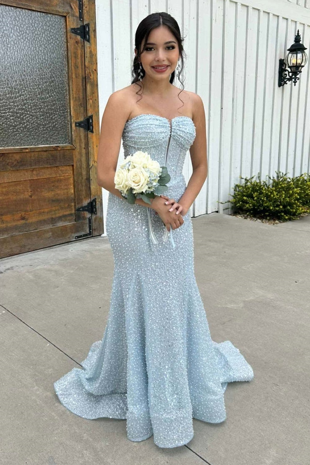 Strapless Light Blue Gathered Long Dress with Beaded