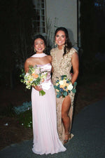 Strapless Light Pink Pleated Long Dress with Scarf