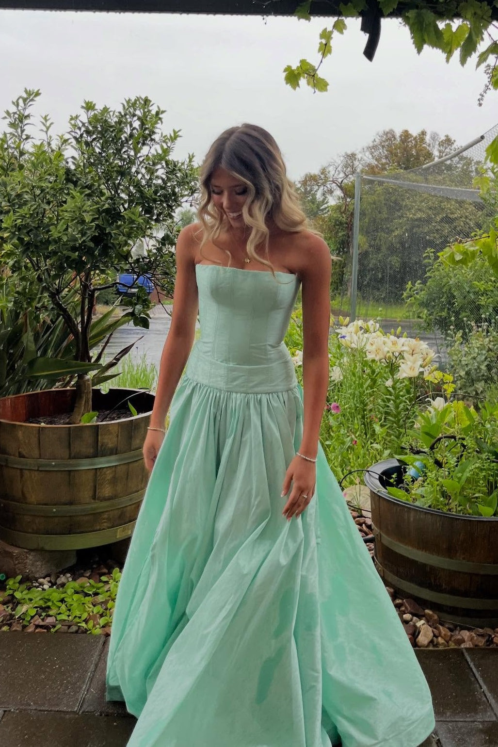 Strapless Mint Green Ruched A-line Long Dress with Slit