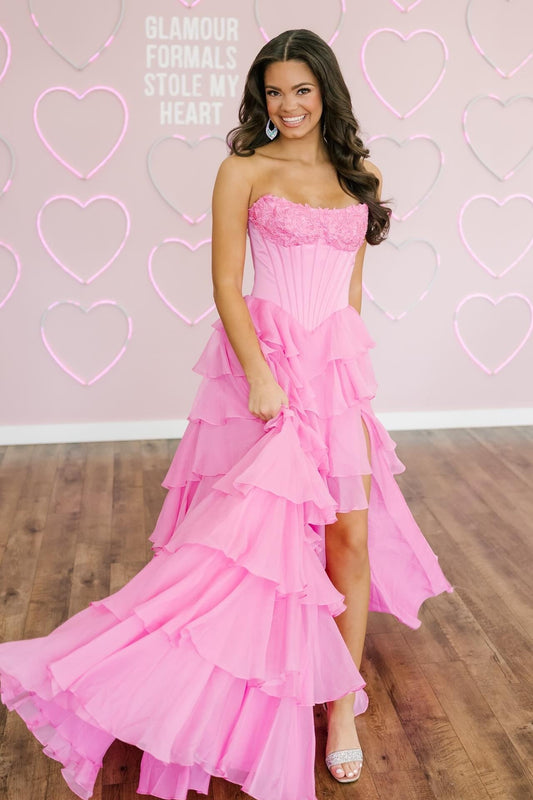 Strapless Pink Appliques Ruffled Long Dress with Slit
