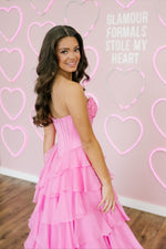 Strapless Pink Appliques Ruffled Long Dress with Slit