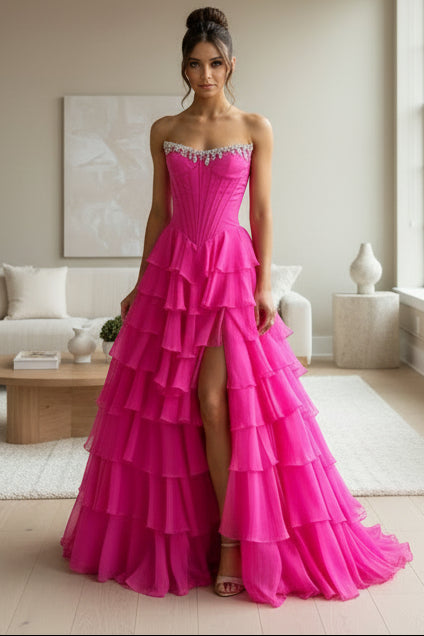 Strapless Pink Green Layered Long Prom Dress Beaded Long Layered Formal