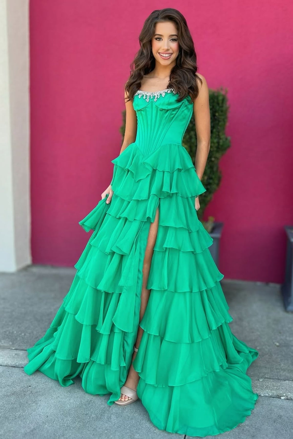 Strapless Pink Green Layered Long Prom Dress Beaded Long Layered Formal