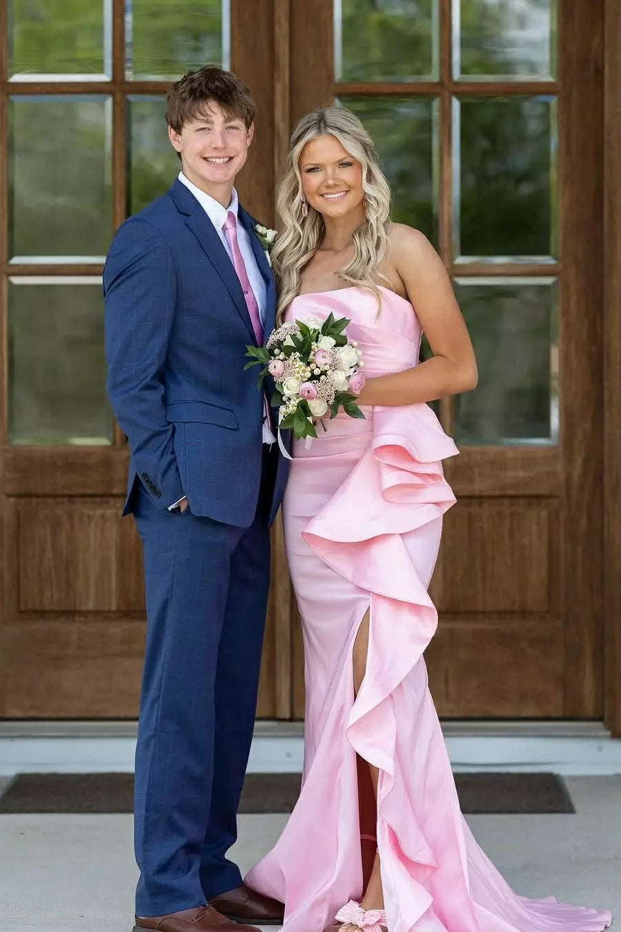 Strapless Pink Ruffles Hem Long Dress with Slit