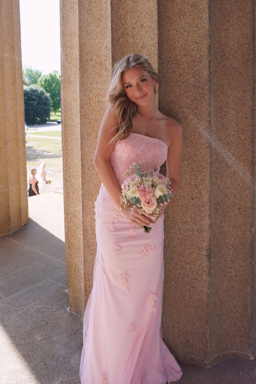 Strapless Pink Sequin Appliques Fitted Long Dress