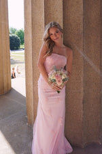 Strapless Pink Sequin Appliques Fitted Long Dress