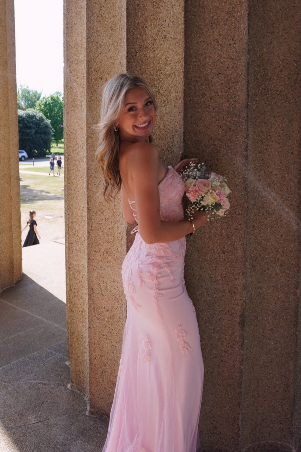 Strapless Pink Sequin Appliques Fitted Long Dress