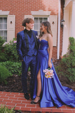 Strapless Royal Blue A-line Long Dress with Slit