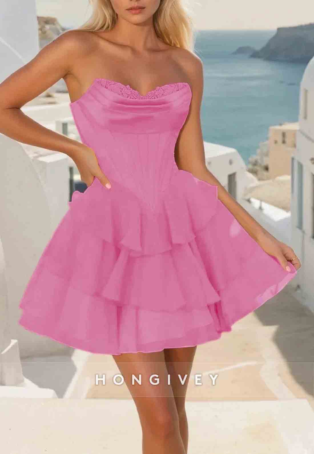 Strapless A-Line Ruched Lace Neck V Back pleated Short Homecoming Dresses