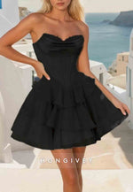 Strapless A-Line Ruched Lace Neck V Back pleated Short Homecoming Dresses