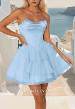 Strapless A-Line Ruched Lace Neck V Back pleated Short Homecoming Dresses
