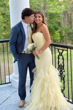 Strapless Yellow Appliques Ruffles Hem Long Dress