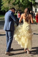 Strapless Yellow Appliques Ruffles Hem Long Dress