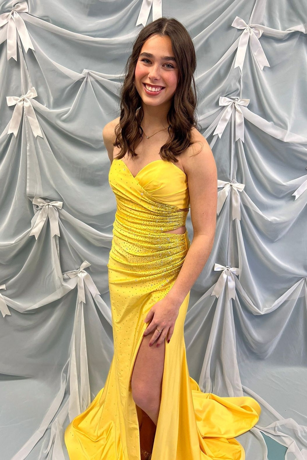 Strapless Yellow Bead Long Dress with Cut-out