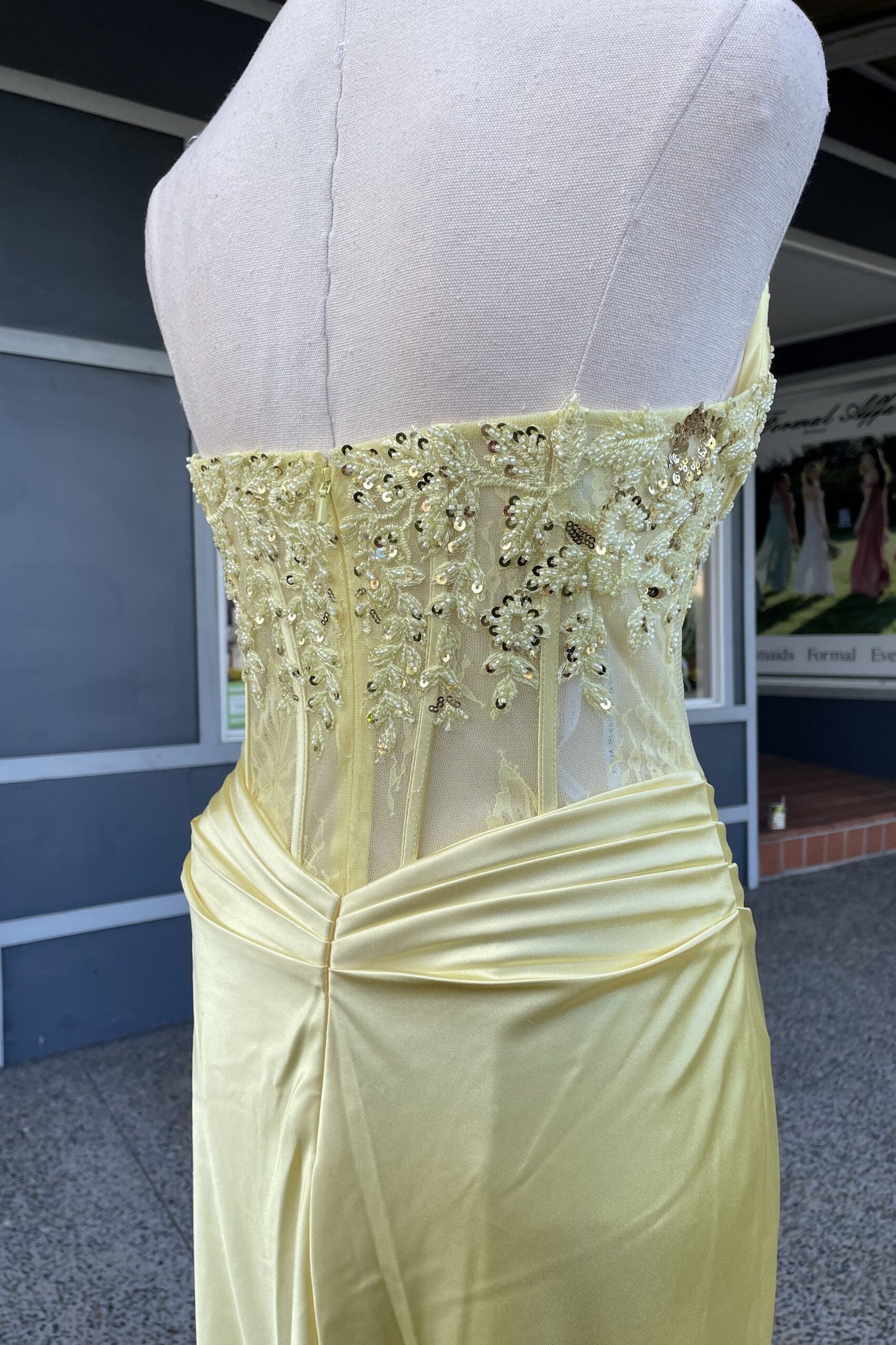 Strapless Yellow Beaded Pleated Mermaid Long Dress