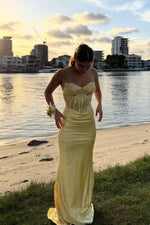 Strapless Yellow Beaded Pleated Mermaid Long Dress