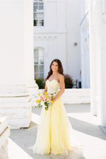 Strapless Yellow Lace Appliques Long Dress with Slit