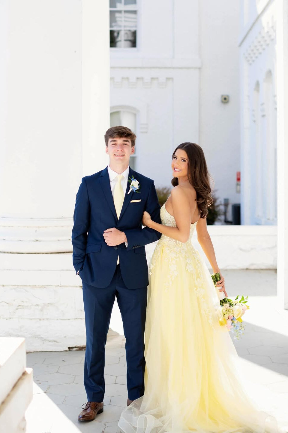 Strapless Yellow Lace Appliques Long Dress with Slit