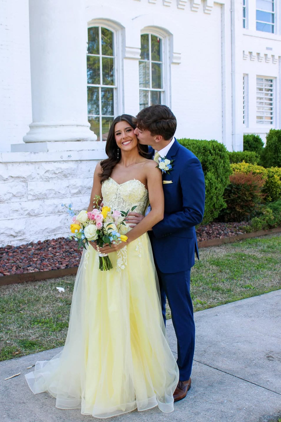 Strapless Yellow Lace Appliques Long Dress with Slit