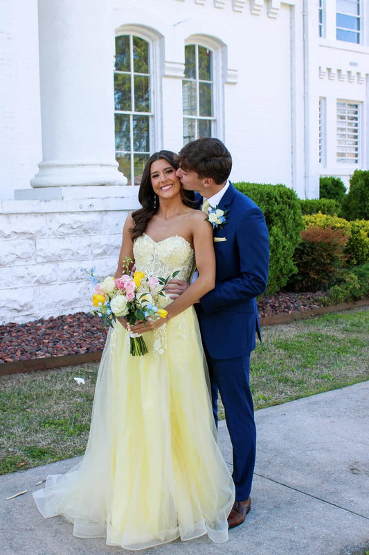 Strapless Yellow Lace Appliques Long Dress with Slit
