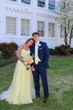 Strapless Yellow Lace Appliques Long Dress with Slit