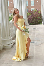 Strapless Yellow Ruffled Hem Long Dress with Slit