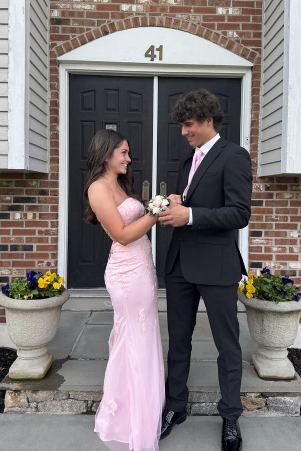 Strapless Pink Sequin Appliques Fitted Long Dress