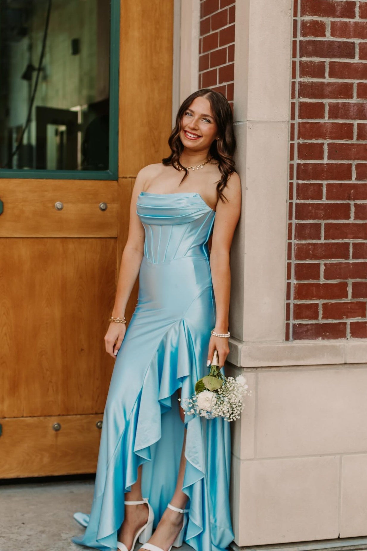 Strapless Yellow Ruffled Hem Long Dress with Slit
