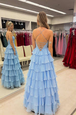Straps Blue Pleated Tiered A-line Long Dress