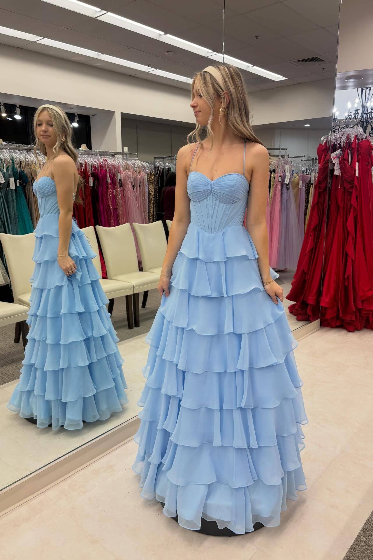 Straps Blue Pleated Tiered A-line Long Dress