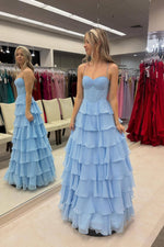 Straps Blue Pleated Tiered A-line Long Dress