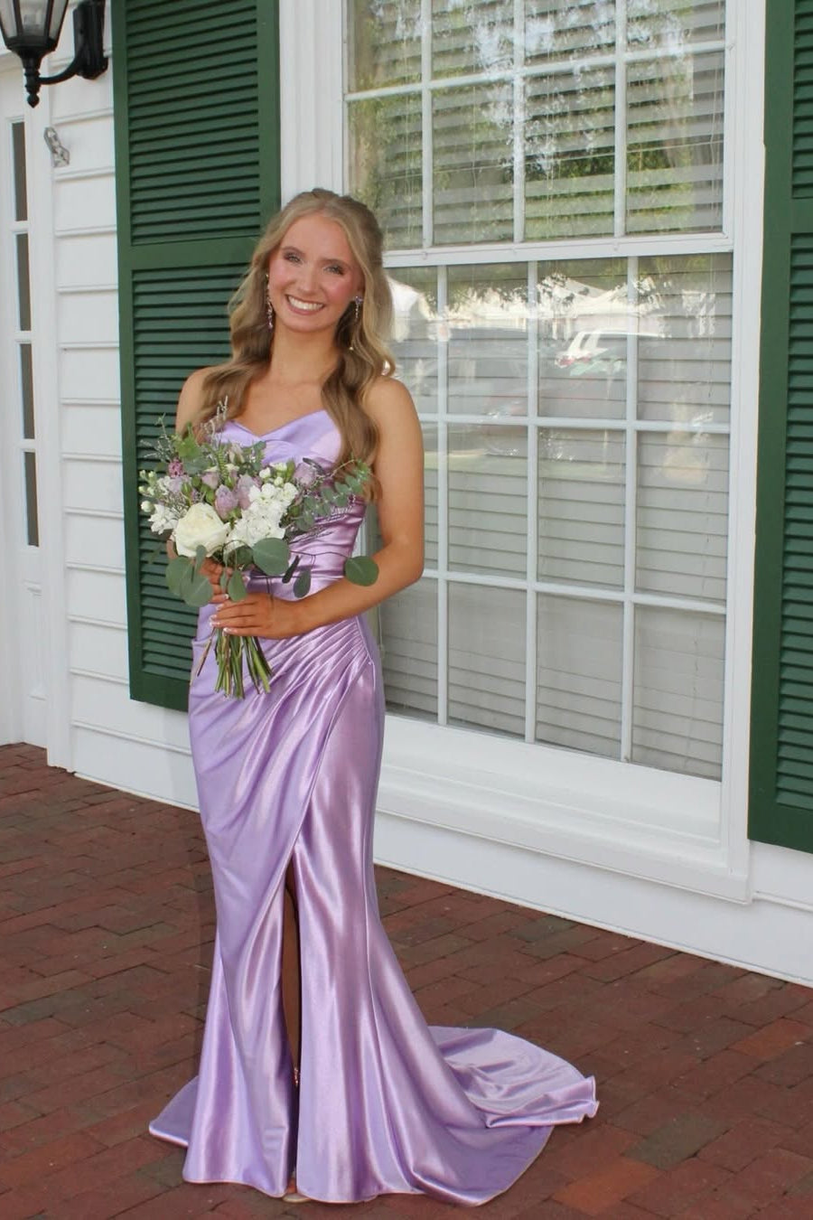 Straps Lilac Ruched Mermaid Long Dress with Slit