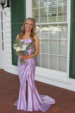 Straps Lilac Ruched Mermaid Long Dress with Slit