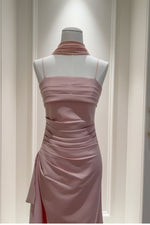 Straps Pink Pleated A-line Long Dress with Slit