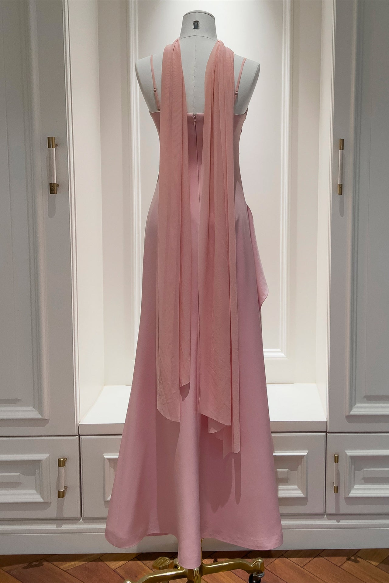 Straps Pink Pleated A-line Long Dress with Slit