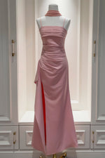 Straps Pink Pleated A-line Long Dress with Slit