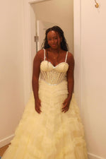 Straps Yellow Beaded Ruffled Long Dress with Pearls