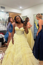 Straps Yellow Beaded Ruffled Long Dress with Pearls