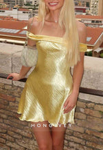 Stunning Golden A Line Off the Shoulder Satin Short Homecoming Dress