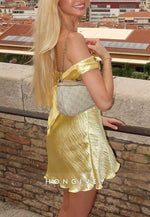 Stunning Golden A Line Off the Shoulder Satin Short Homecoming Dress