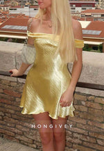 Stunning Golden A Line Off the Shoulder Satin Short Homecoming Dress