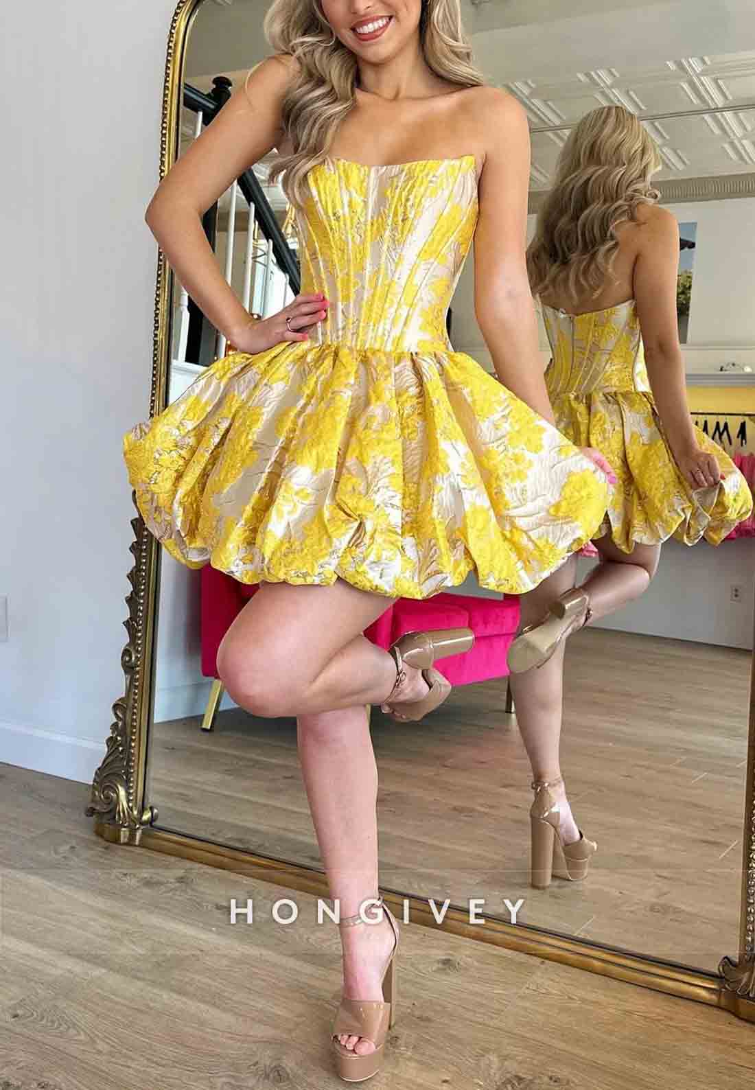 Stunning Ball Gown Floral Print Strapless Yellow Corset Homecoming Dress