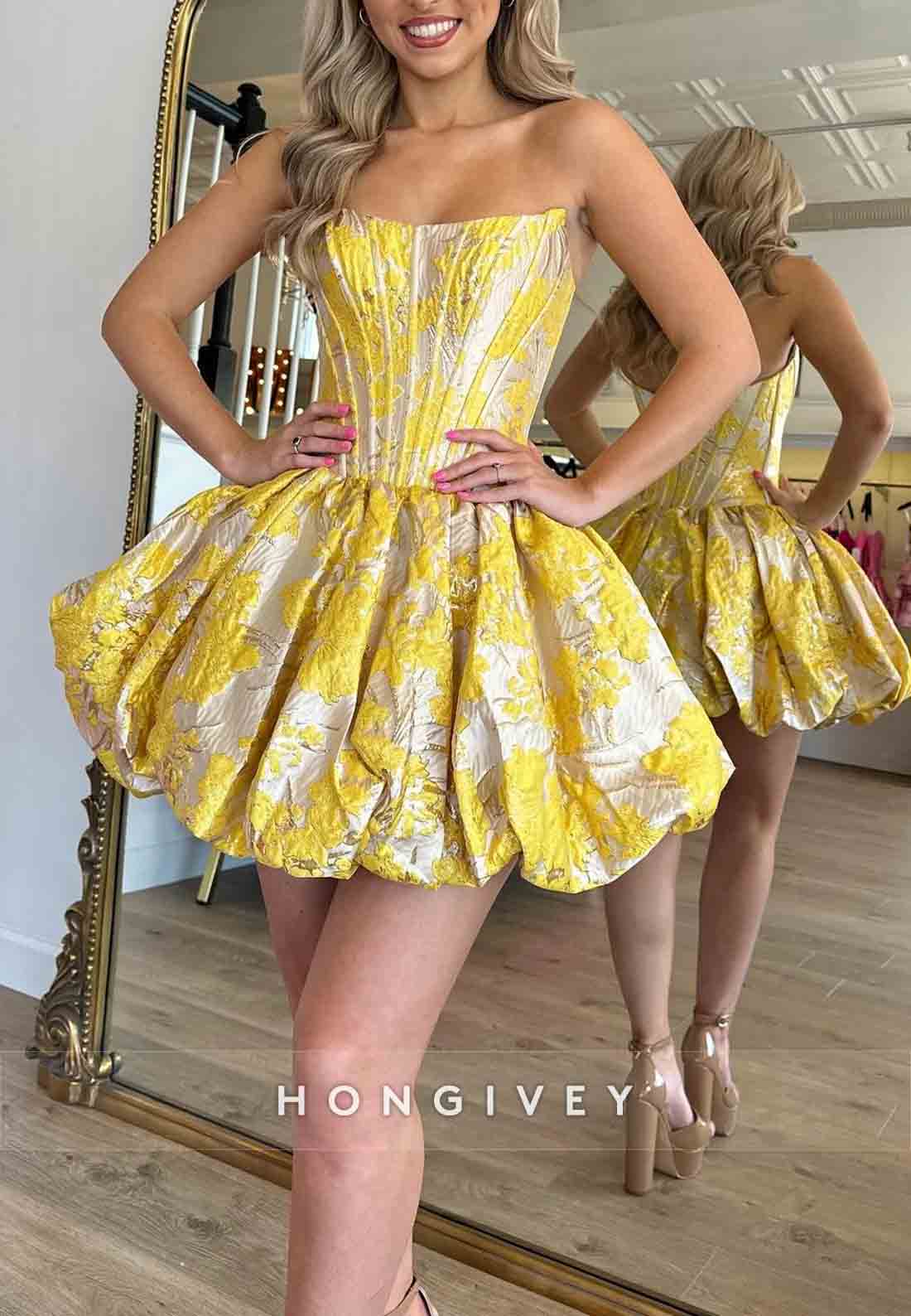 Stunning Ball Gown Floral Print Strapless Yellow Corset Homecoming Dress