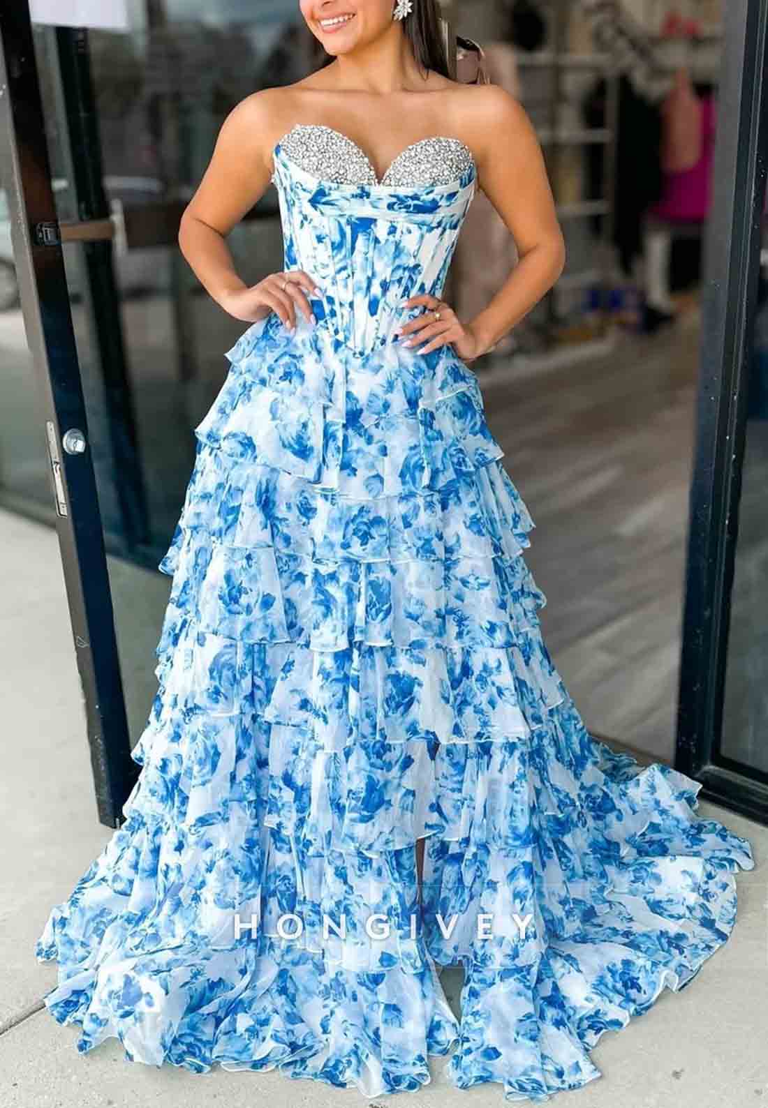 Gorgeous A Line Sweetheart Pink Printed Corset Prom Dress with Beading Ruffle